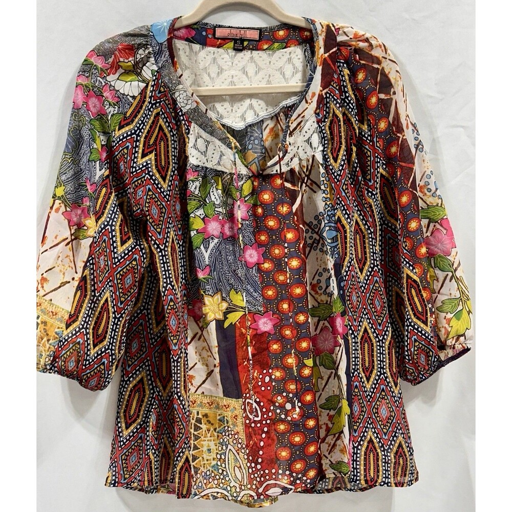 Olive Hill Women’s Boho Patchwork Lace Blouse Size Small 3/4 Sleeve Tie Front
